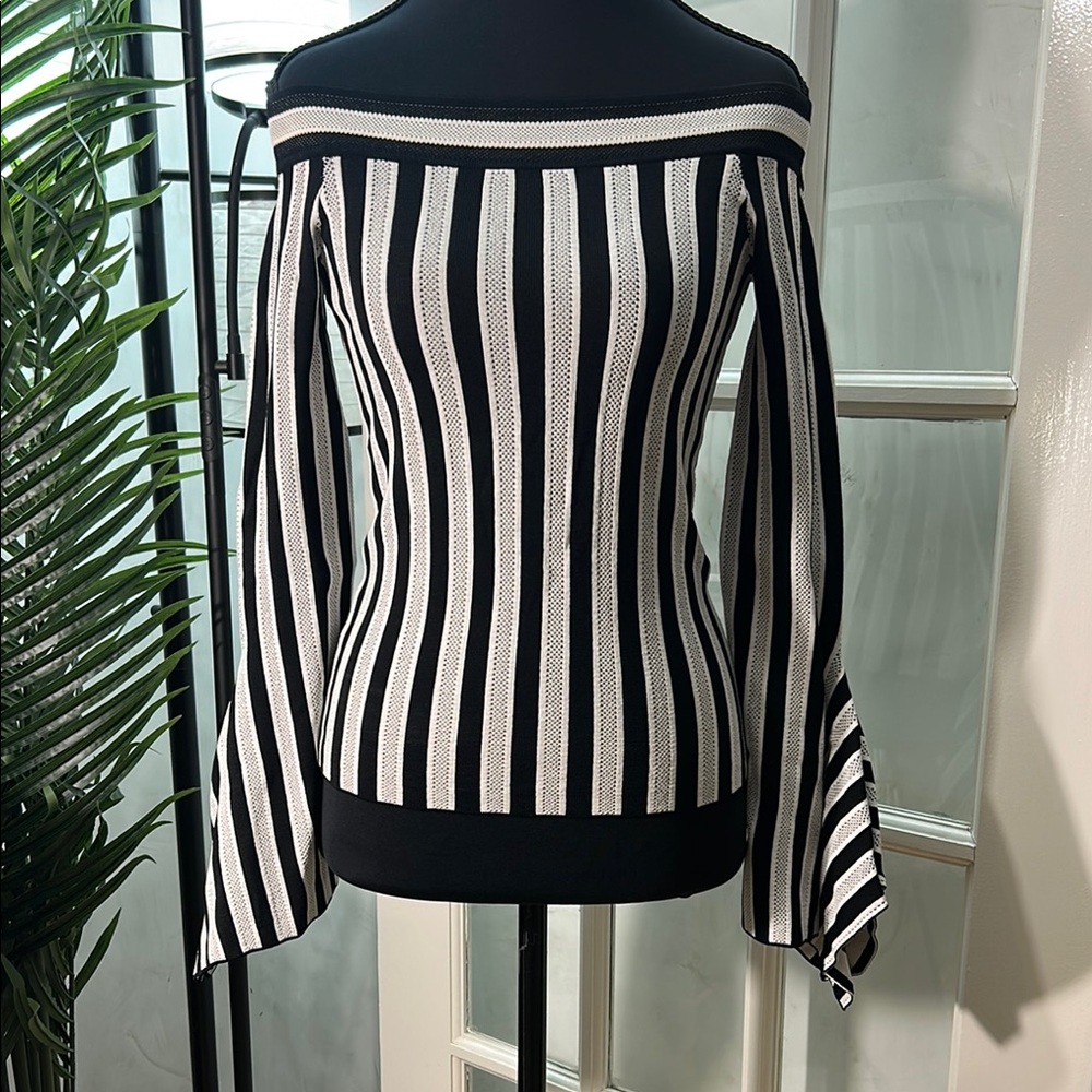 BCBGMaxAzria Black and White Off-the-Shoulder Sweater with Bell Sleeves